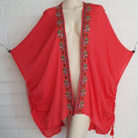 BLUHEAVEN by Umgee S/M M/L coral kimono sleeve jacket cape beach cover-up - Picture 2 of 7